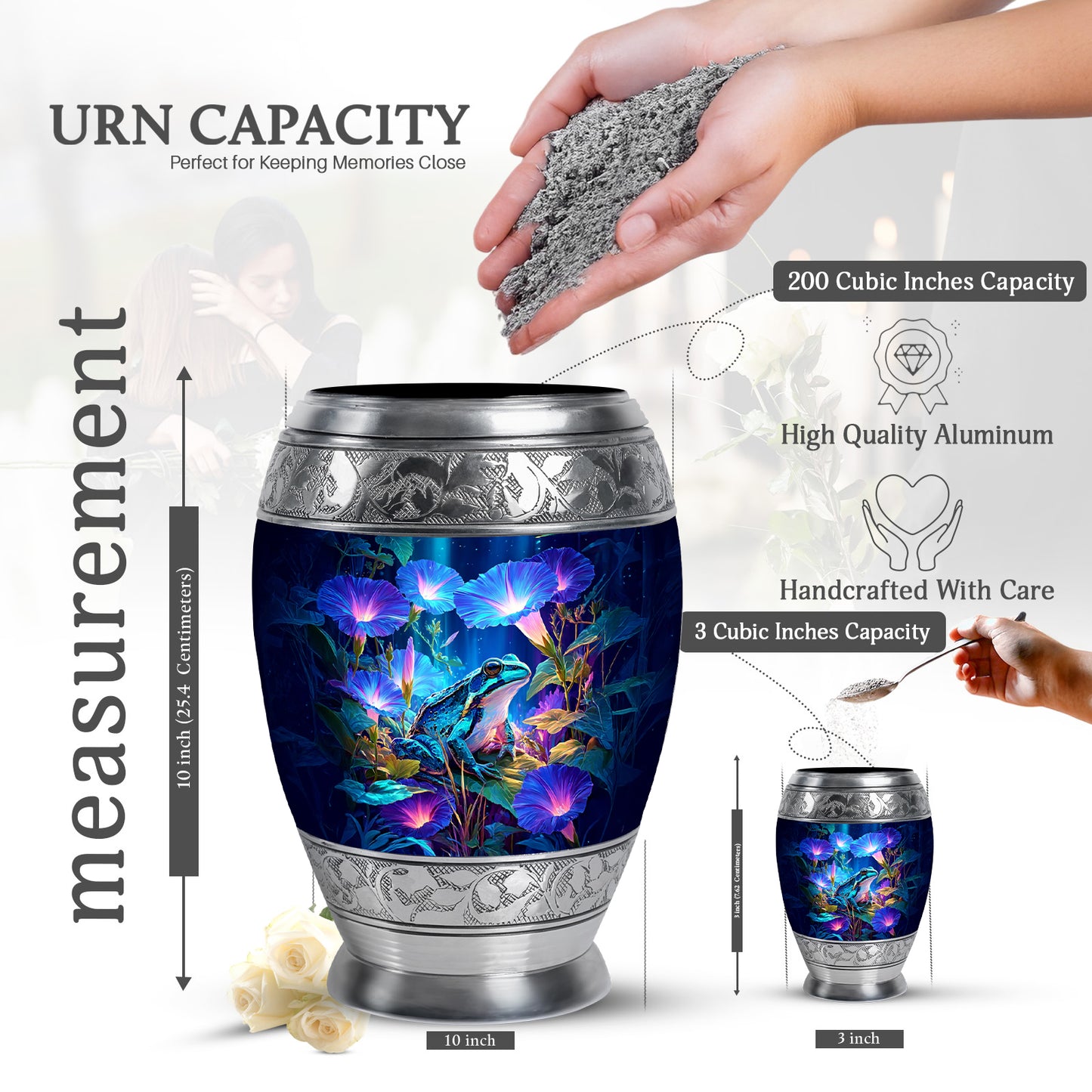 Slate Blue Frog Cremation Urn lifestyle display on memorial shelf - regal frog design with crown-inspired accents - mini keepsake memorial for portion of cremation ashes