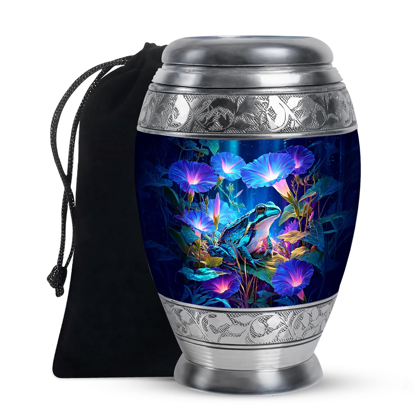 Cornflower Blue Frog Cremation Urn back view with polished surface - royal frog engraving with decorative scrollwork - full-size 10 inch 200 cubic inch adult cremation urn