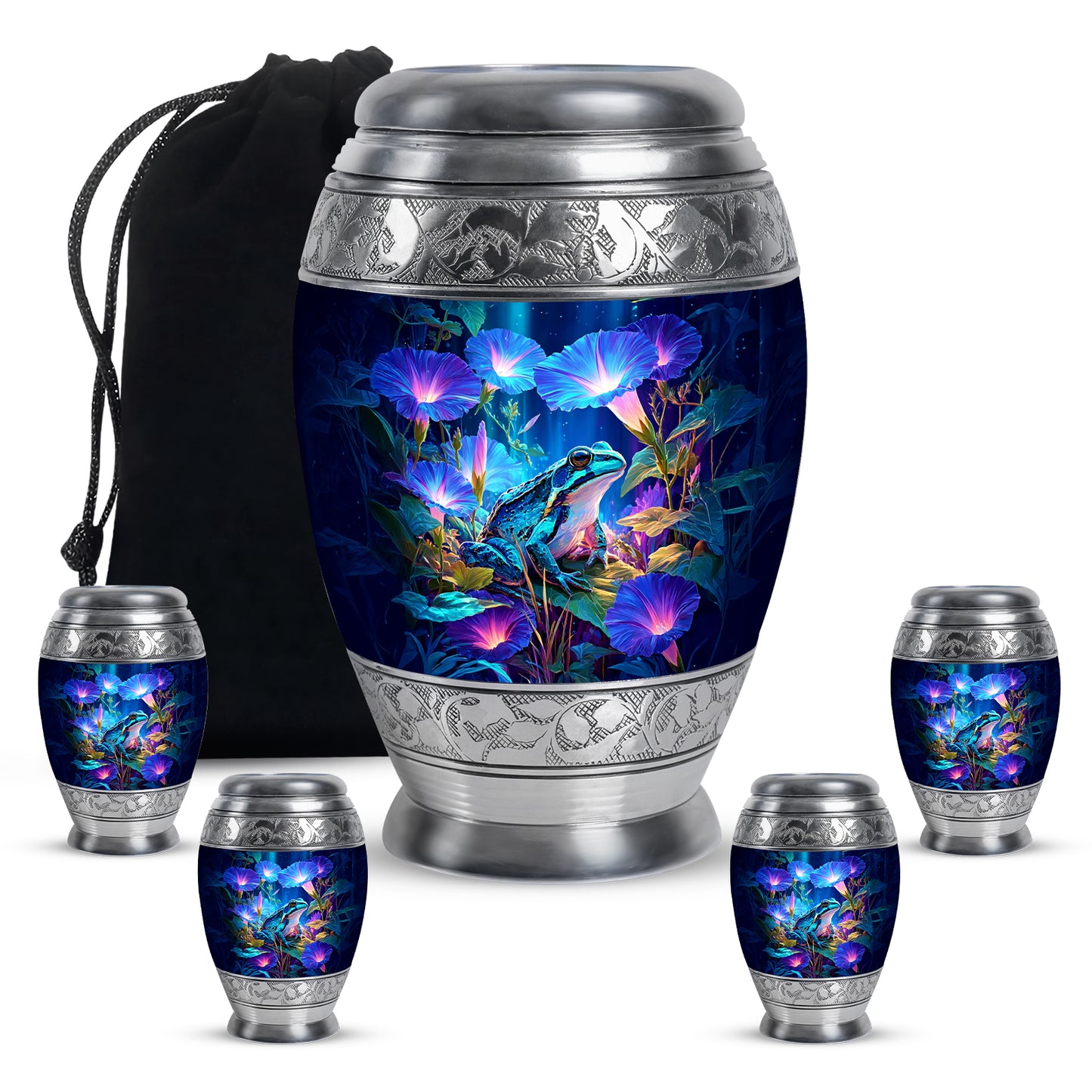 Calming Blue Frog Cremation Urn detail view - majestic frog pattern with filigree border - memorial set with one large and four small urns