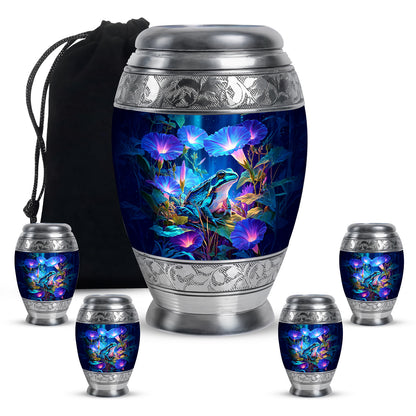 Calming Blue Frog Cremation Urn detail view - majestic frog pattern with filigree border - memorial set with one large and four small urns