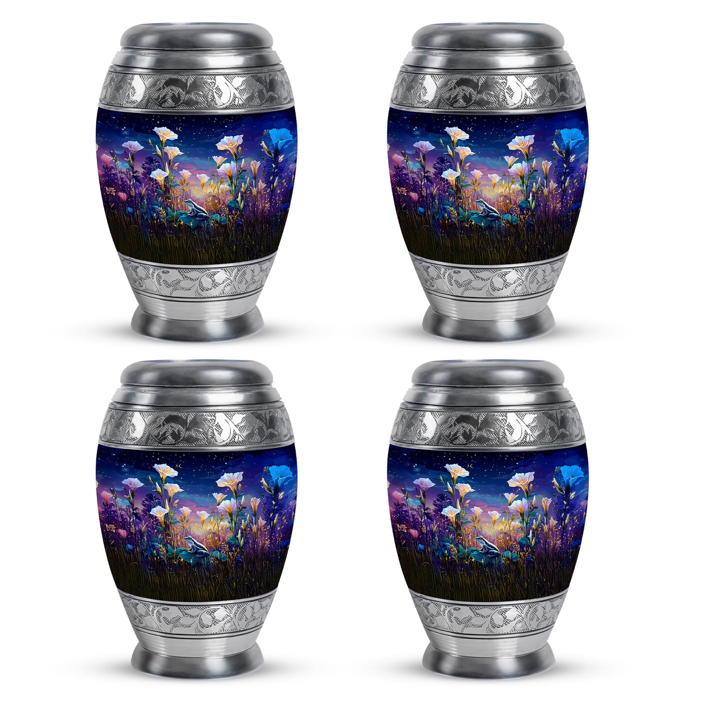 Bright Blue Frog Cremation Urn urn with complimentary velvet bag - majestic frog pattern with filigree border - 10 inch aluminum urn for cremated remains