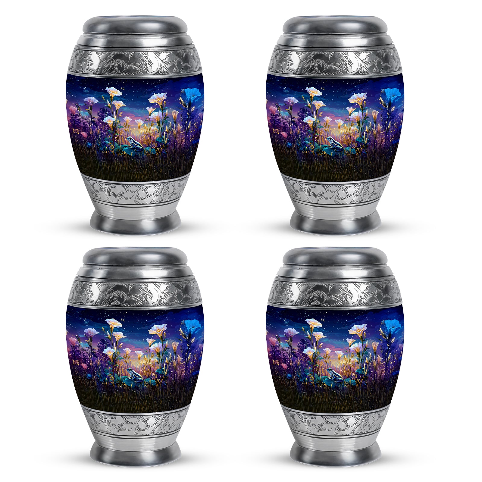 Bright Blue Frog Cremation Urn urn with complimentary velvet bag - majestic frog pattern with filigree border - 10 inch aluminum urn for cremated remains