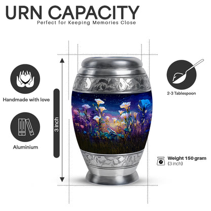 Navy Blue Frog Cremation Urn lifestyle display on memorial shelf - ornate monarch-style frog relief on brushed aluminum - mini keepsake memorial for portion of cremation ashes