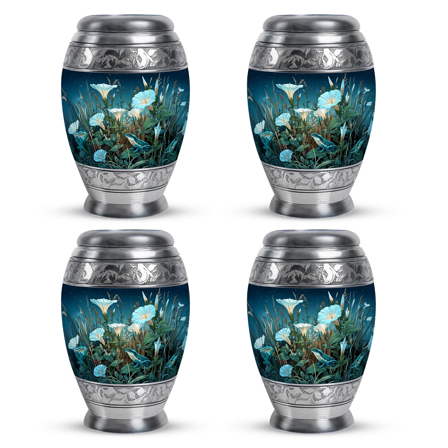 Slate Blue Frog Cremation Urn urn with complimentary velvet bag - ornate monarch-style frog relief on brushed aluminum - 10 inch aluminum urn for cremated remains