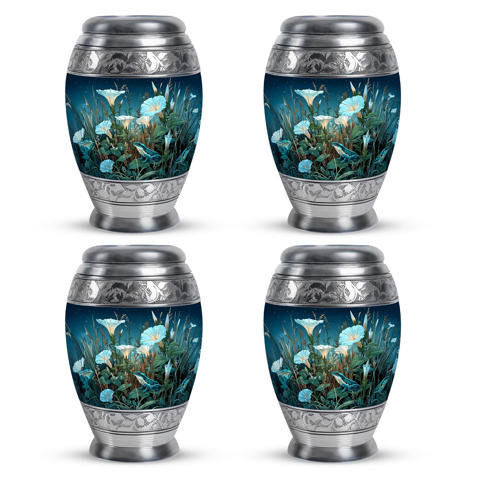 Slate Blue Frog Cremation Urn urn with complimentary velvet bag - ornate monarch-style frog relief on brushed aluminum - 10 inch aluminum urn for cremated remains