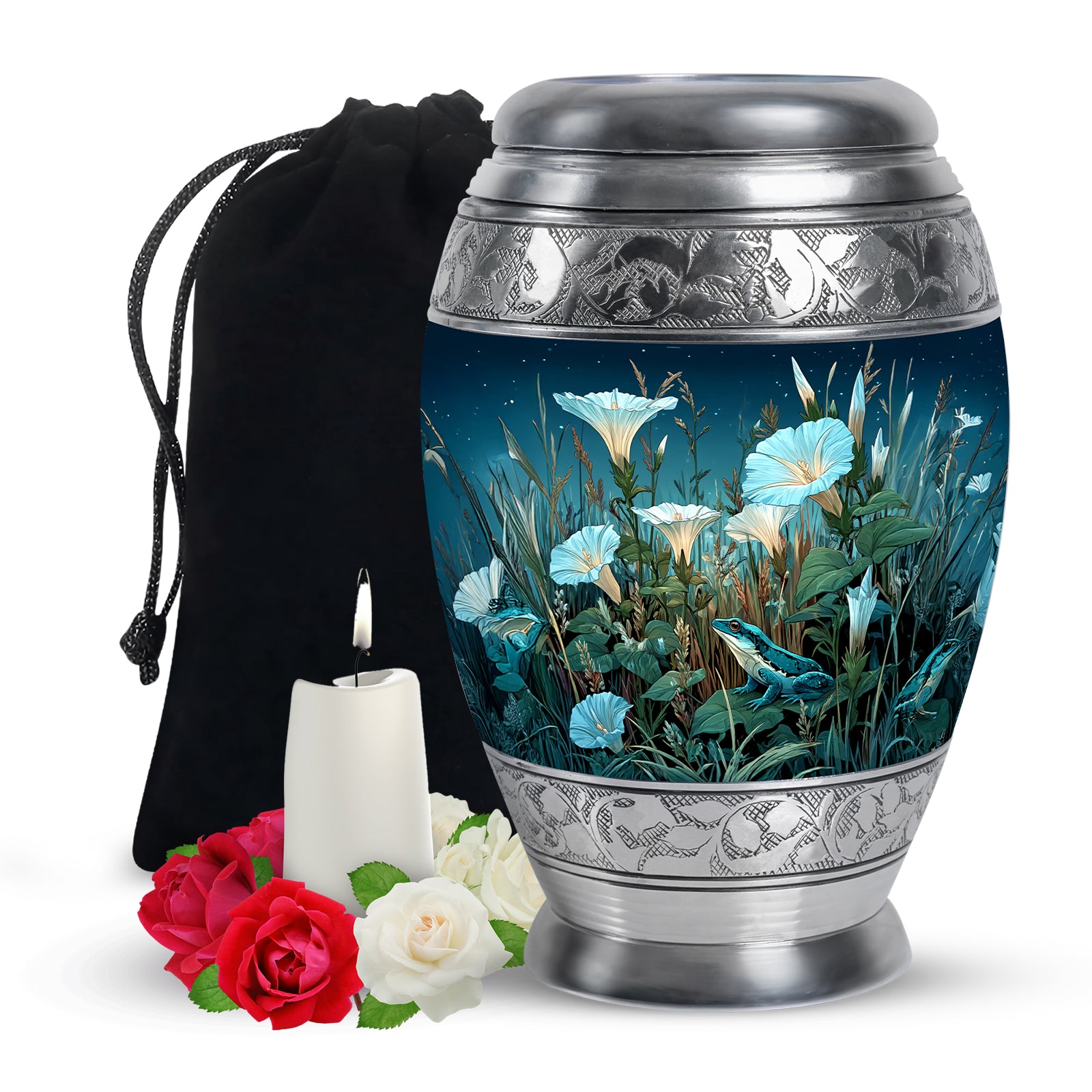 Serene Blue Frog Cremation Urn back view with polished surface - majestic frog pattern with filigree border - full-size 10 inch 200 cubic inch adult cremation urn