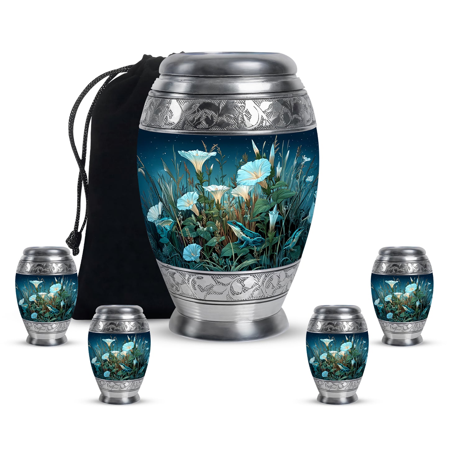 Azure Frog Cremation Urn detail view - regal frog design with crown-inspired accents - memorial set with one large and four small urns