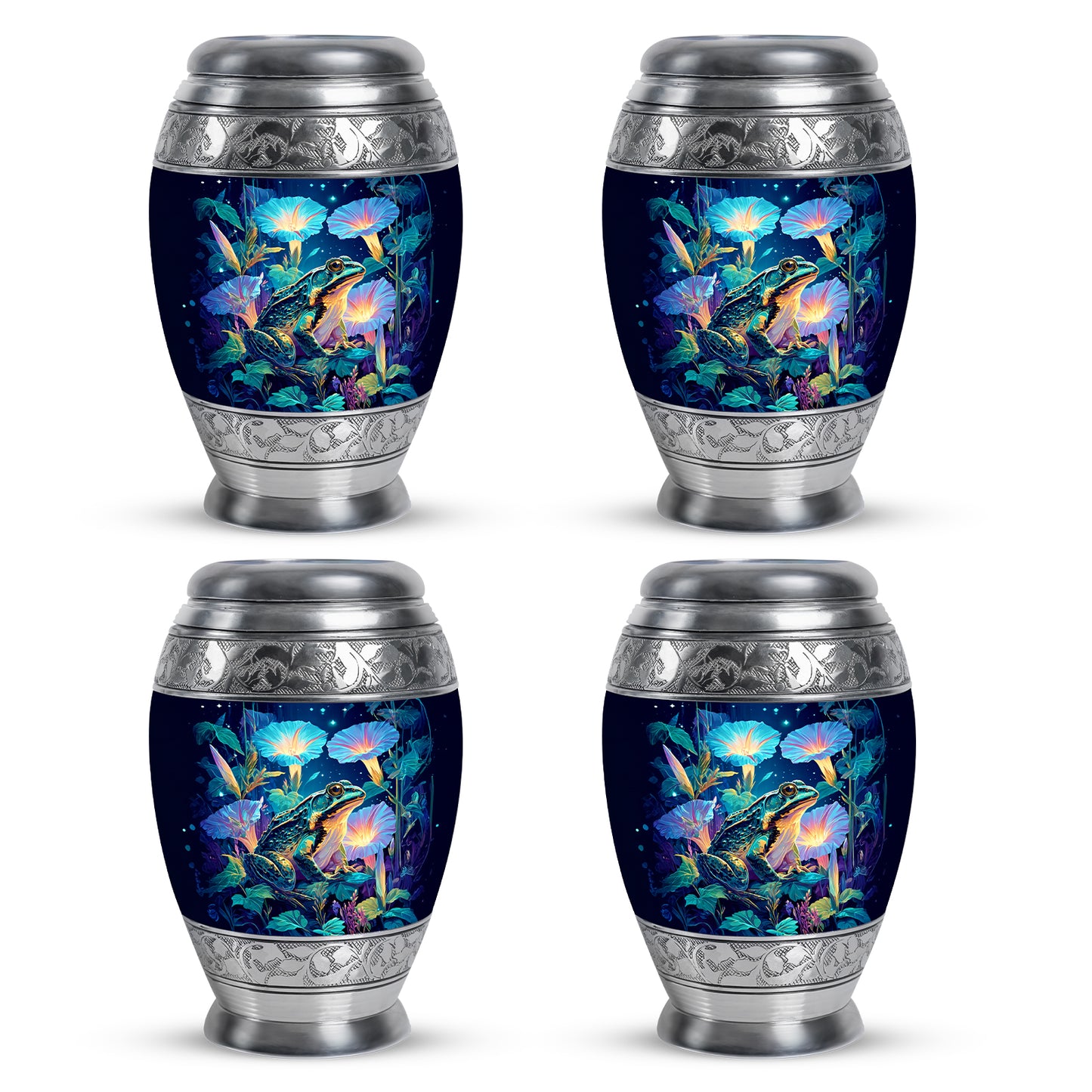Dusty Blue Frog Cremation Urn urn with complimentary velvet bag - ornate monarch-style frog relief on brushed aluminum - 10 inch aluminum urn for cremated remains