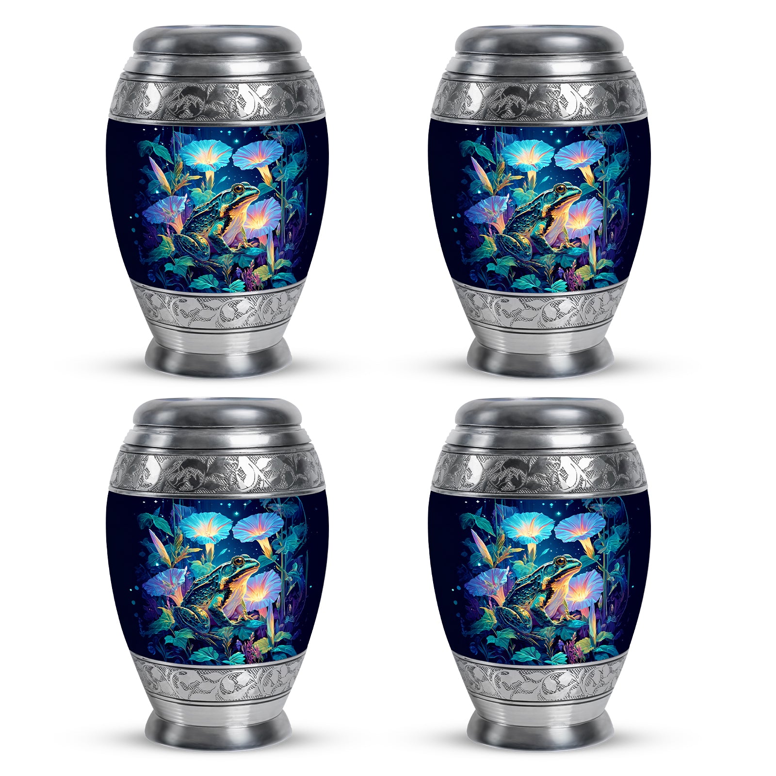 Dusty Blue Frog Cremation Urn urn with complimentary velvet bag - ornate monarch-style frog relief on brushed aluminum - 10 inch aluminum urn for cremated remains