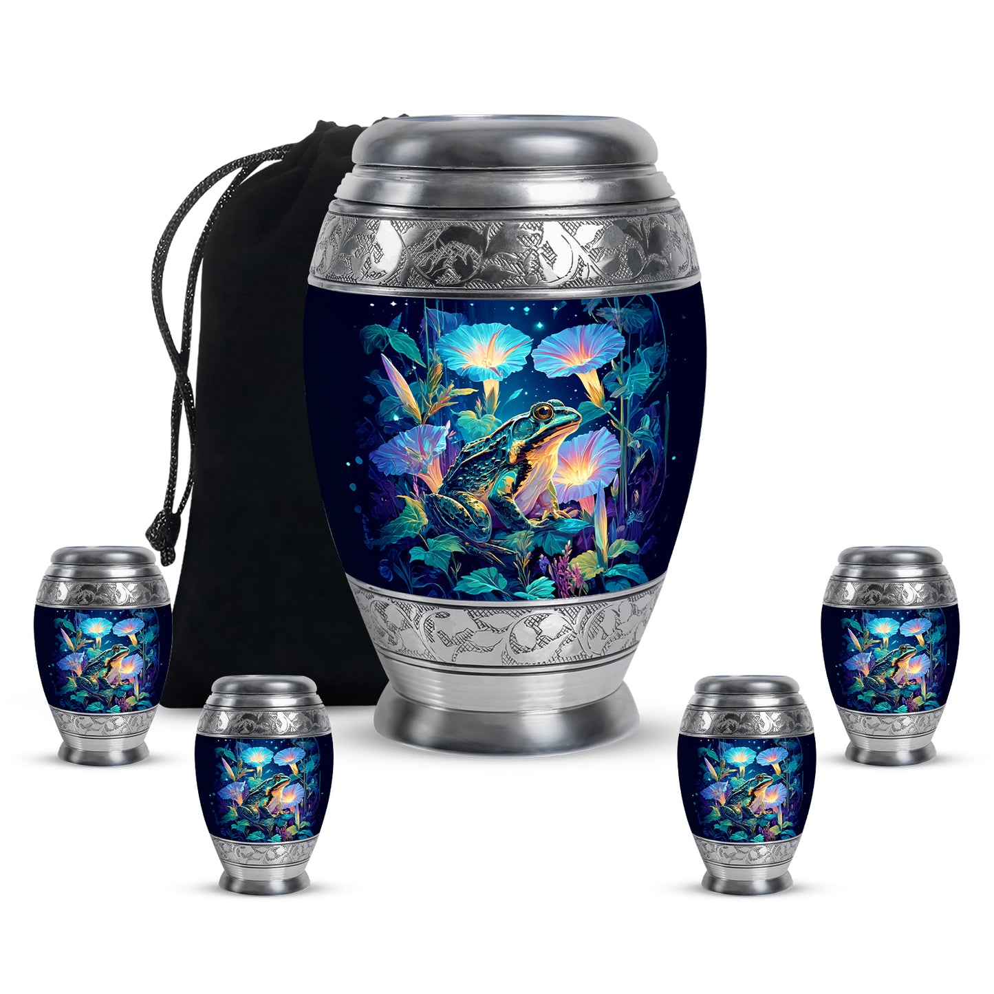 Vivid Blue Frog Cremation Urn detail view - majestic frog pattern with filigree border - memorial set with one large and four small urns