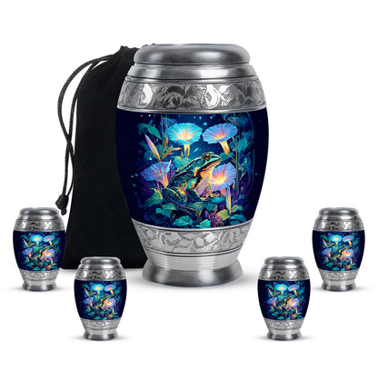 Vivid Blue Frog Cremation Urn detail view - majestic frog pattern with filigree border - memorial set with one large and four small urns