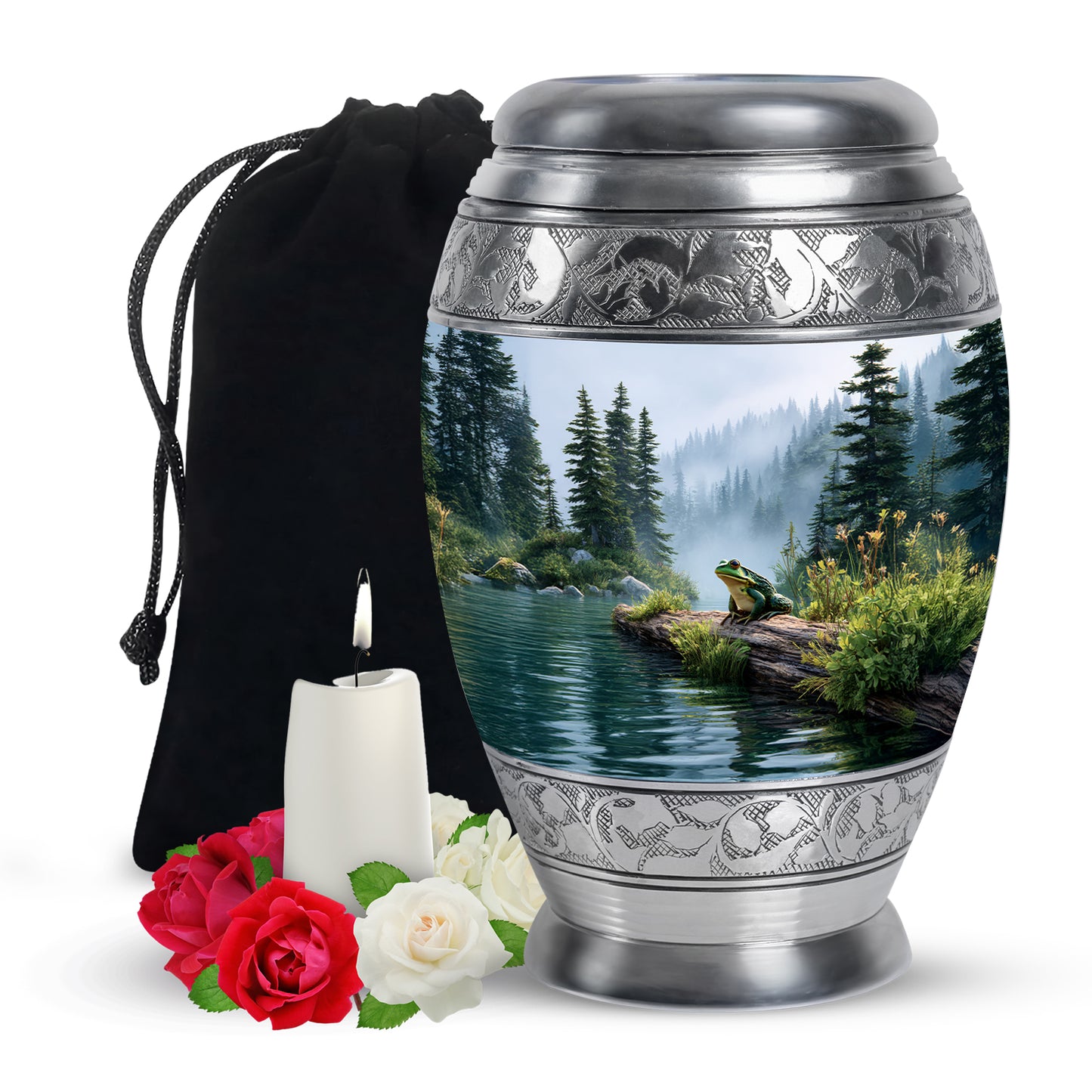 Moonlight Silver Frog Cremation Urn back view with polished surface - royal frog engraving with decorative scrollwork - full-size 10 inch 200 cubic inch adult cremation urn