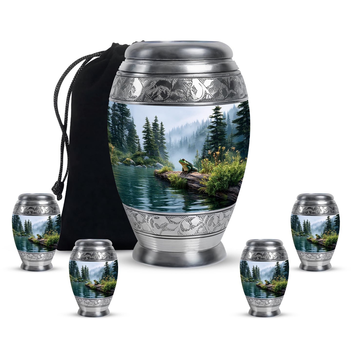 Chrome Silver Frog Cremation Urn detail view - royal frog engraving with decorative scrollwork - memorial set with one large and four small urns