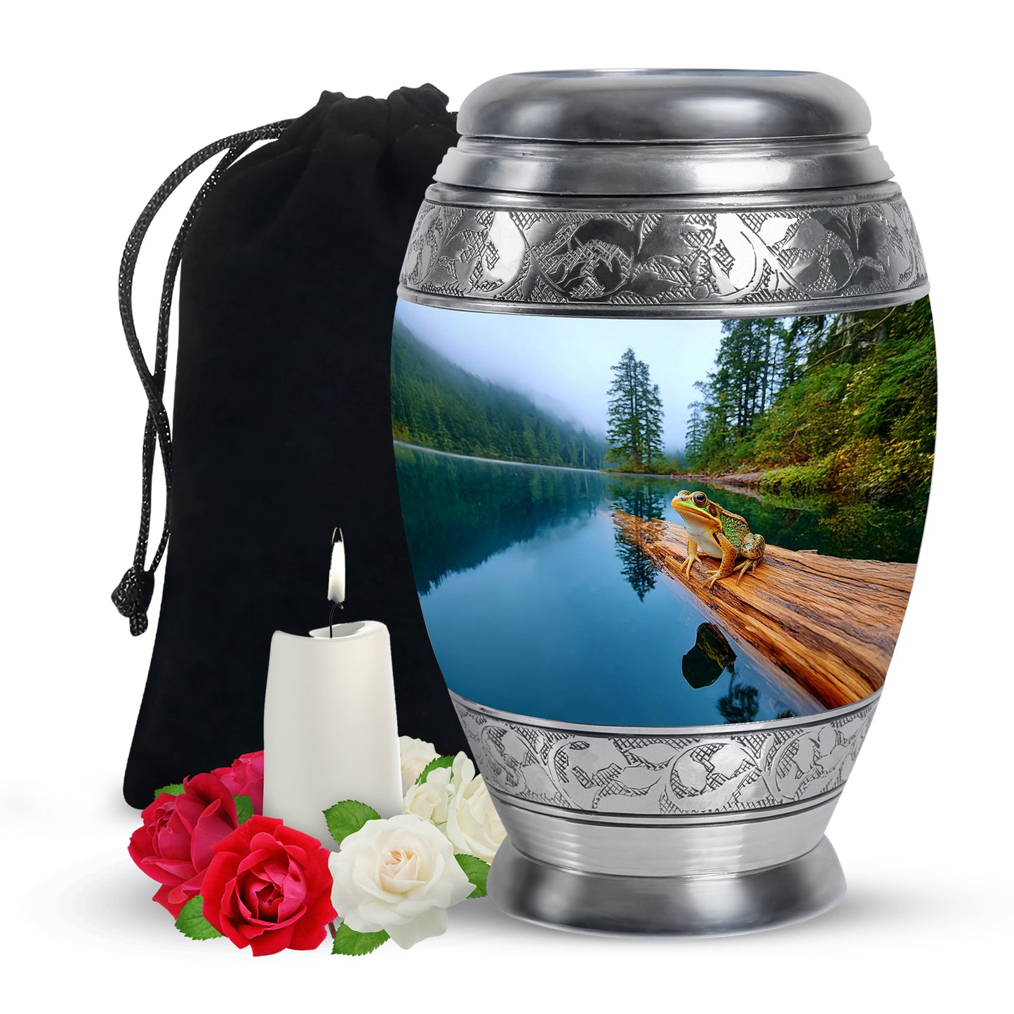 Steel Blue Frog Cremation Urn back view with polished surface - majestic frog pattern with filigree border - full-size 10 inch 200 cubic inch adult cremation urn