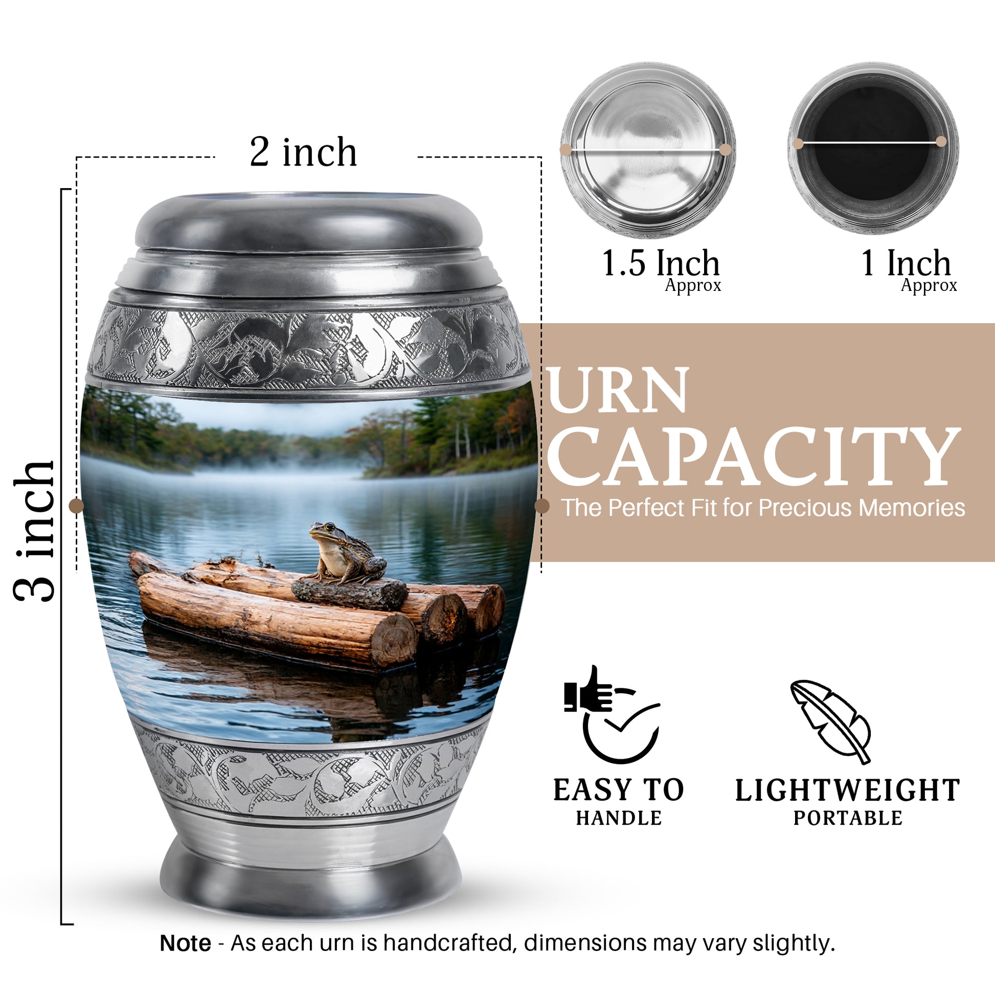 Sterling Silver Frog Cremation Urn lifestyle display on memorial shelf - ornate monarch-style frog relief on brushed aluminum - mini keepsake memorial for portion of cremation ashes