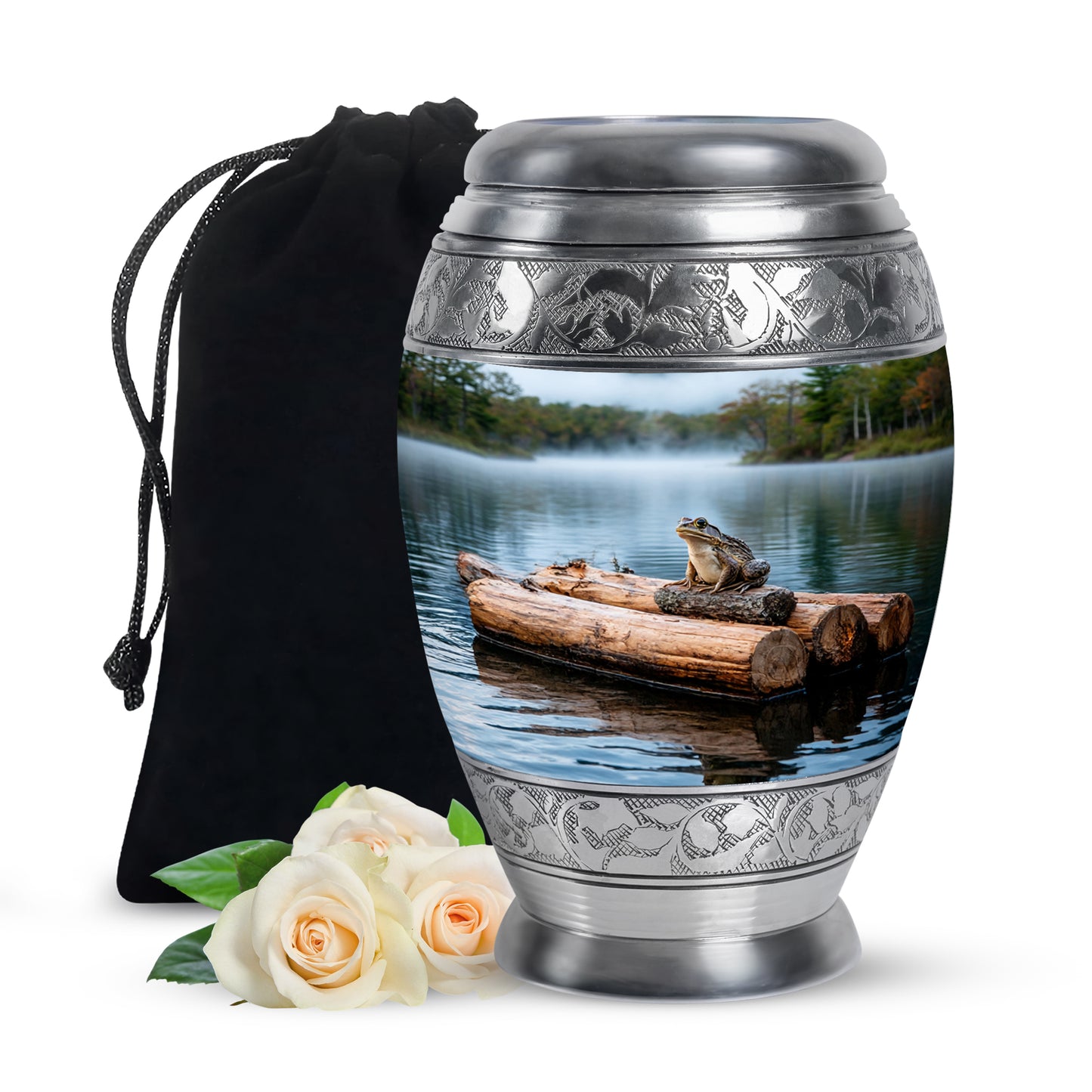 Platinum Silver Frog Cremation Urn back view with polished surface - ornate monarch-style frog relief on brushed aluminum - full-size 10 inch 200 cubic inch adult cremation urn