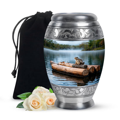 Platinum Silver Frog Cremation Urn back view with polished surface - ornate monarch-style frog relief on brushed aluminum - full-size 10 inch 200 cubic inch adult cremation urn