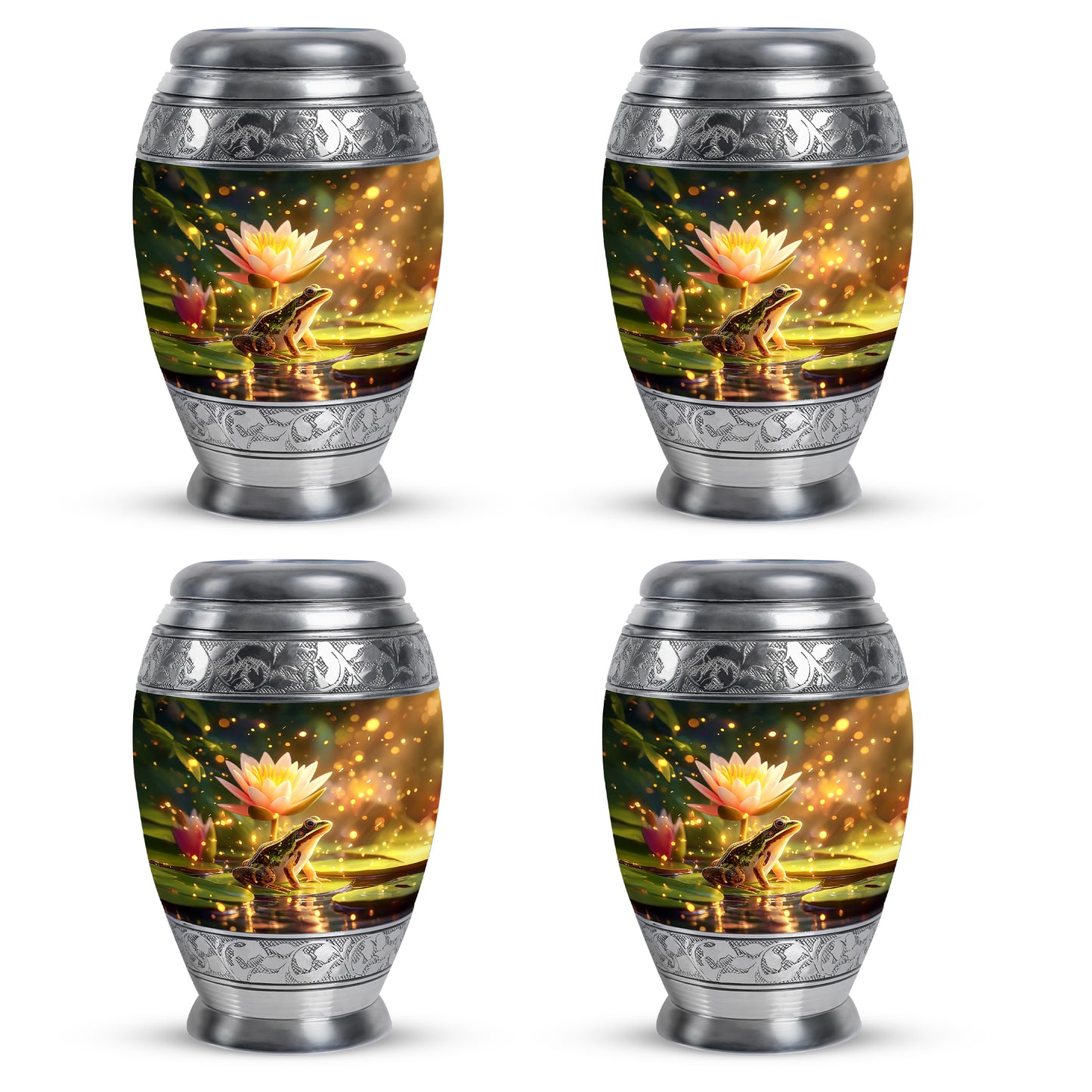 Matte Gold Frog Cremation Urn urn with complimentary velvet bag - majestic frog pattern with filigree border - 10 inch aluminum urn for cremated remains