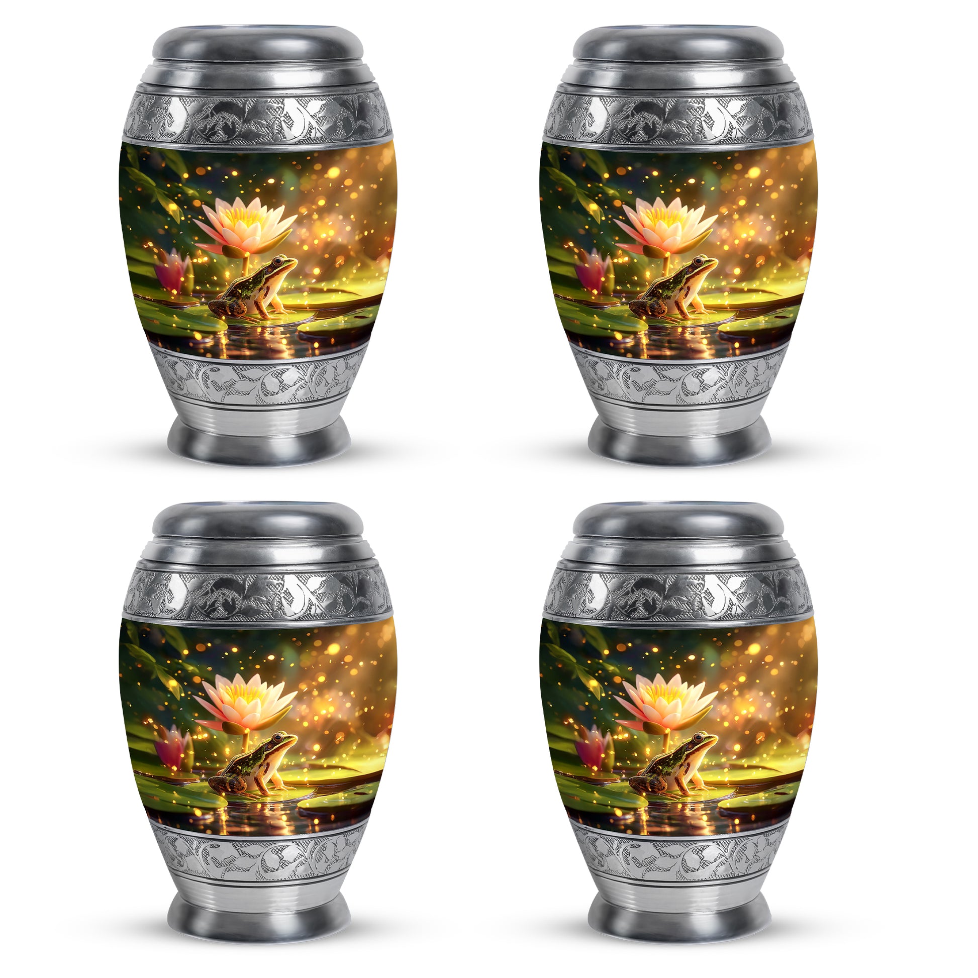 Matte Gold Frog Cremation Urn urn with complimentary velvet bag - majestic frog pattern with filigree border - 10 inch aluminum urn for cremated remains