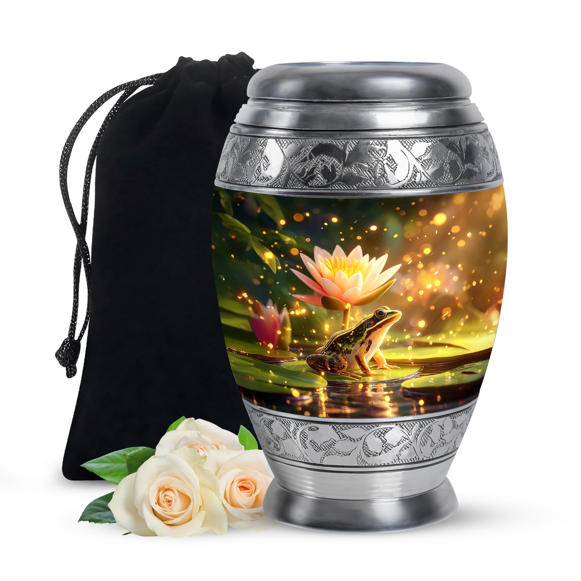 Matte Gold Frog Cremation Urn back view with polished surface - majestic frog pattern with filigree border - full-size 10 inch 200 cubic inch adult cremation urn