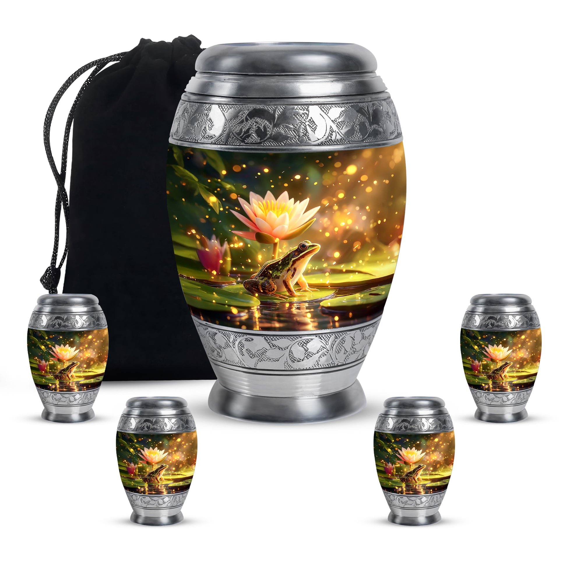 Matte Gold Frog Cremation Urn detail view - royal frog engraving with decorative scrollwork - memorial set with one large and four small urns