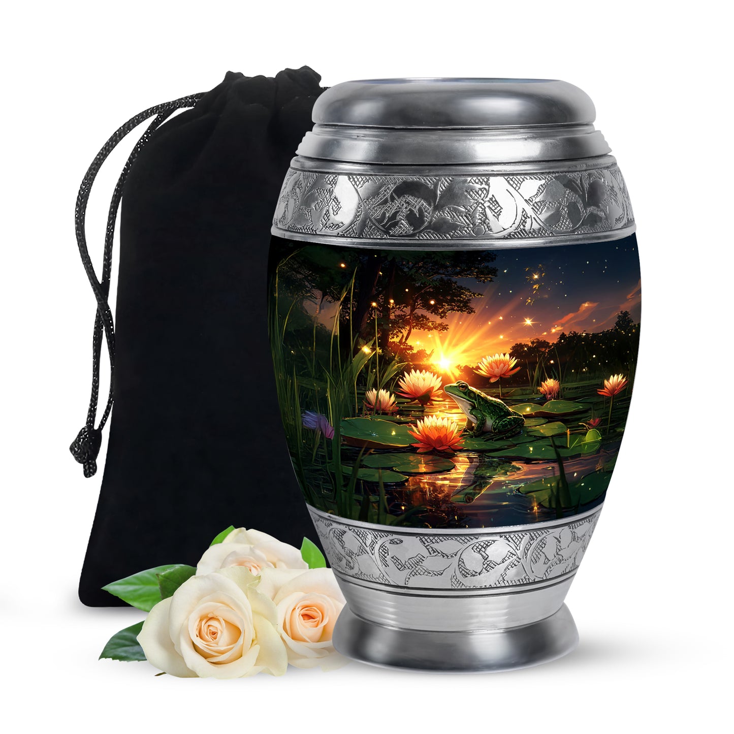 Powder Blue Frog Cremation Urn back view with polished surface - ornate monarch-style frog relief on brushed aluminum - full-size 10 inch 200 cubic inch adult cremation urn
