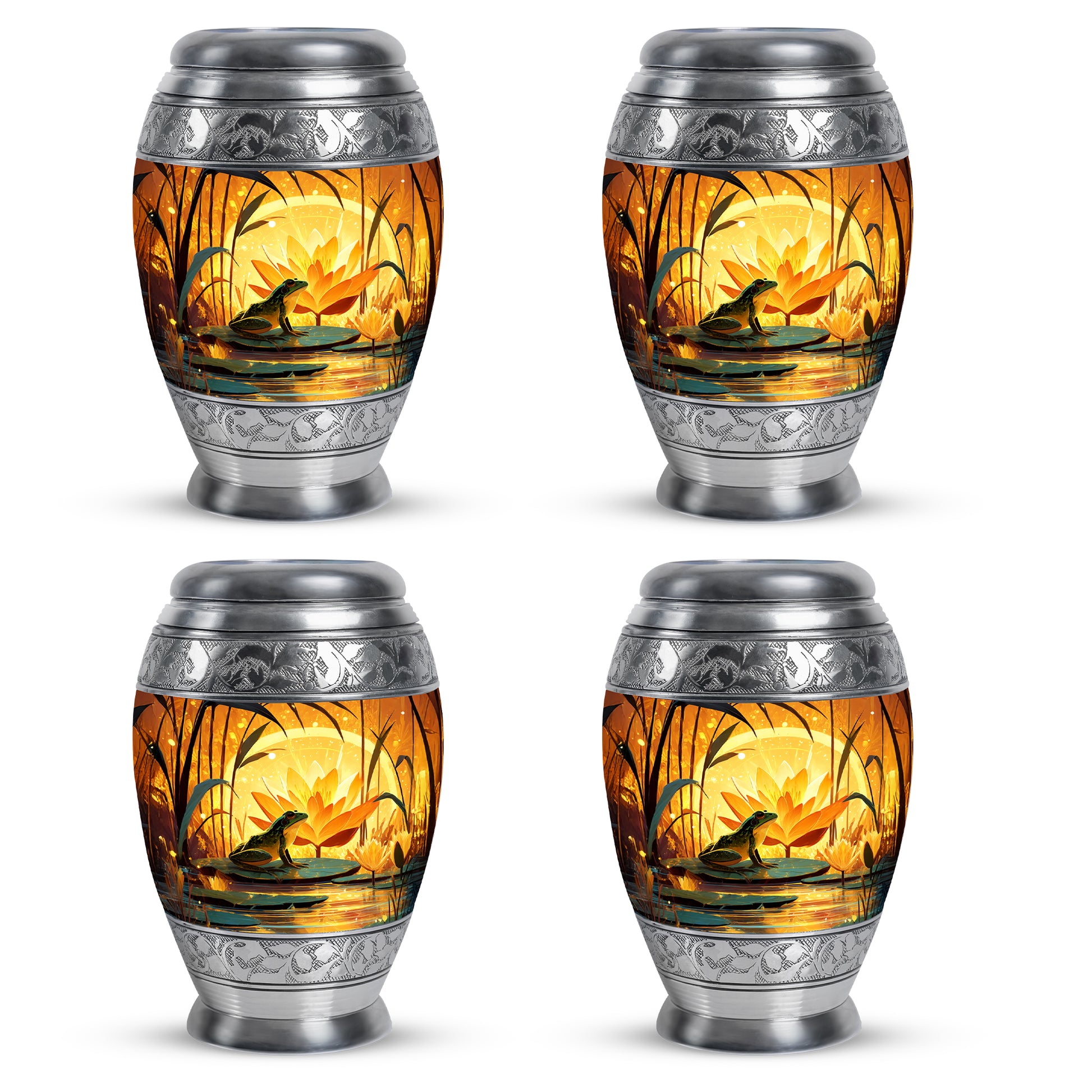 Royal Gold Frog Cremation Urn urn with complimentary velvet bag - royal frog engraving with decorative scrollwork - 10 inch aluminum urn for cremated remains