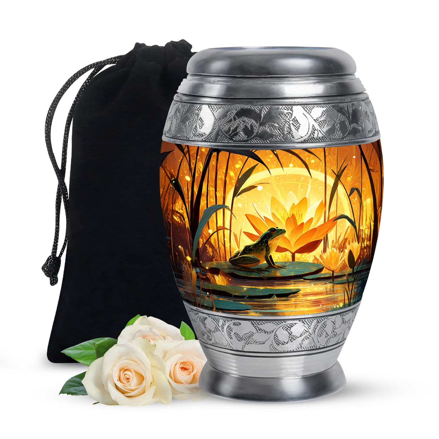 Gilded Gold Frog Cremation Urn back view with polished surface - regal frog design with crown-inspired accents - full-size 10 inch 200 cubic inch adult cremation urn