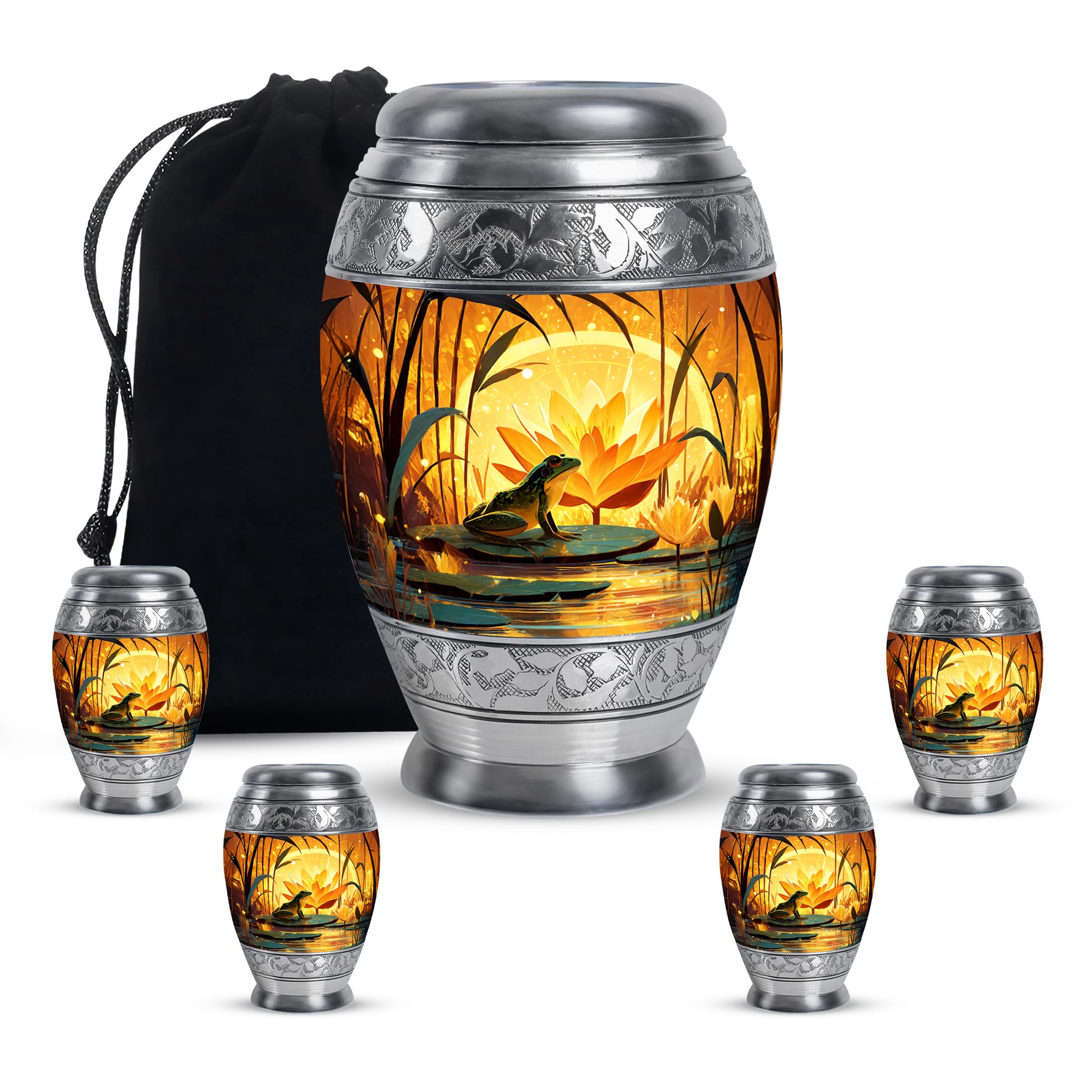 Harvest Gold Frog Cremation Urn detail view - majestic frog pattern with filigree border - memorial set with one large and four small urns