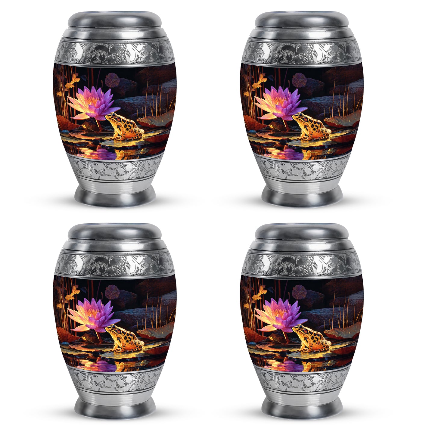 Onyx Black Frog Cremation Urn urn with complimentary velvet bag - majestic frog pattern with filigree border - 10 inch aluminum urn for cremated remains