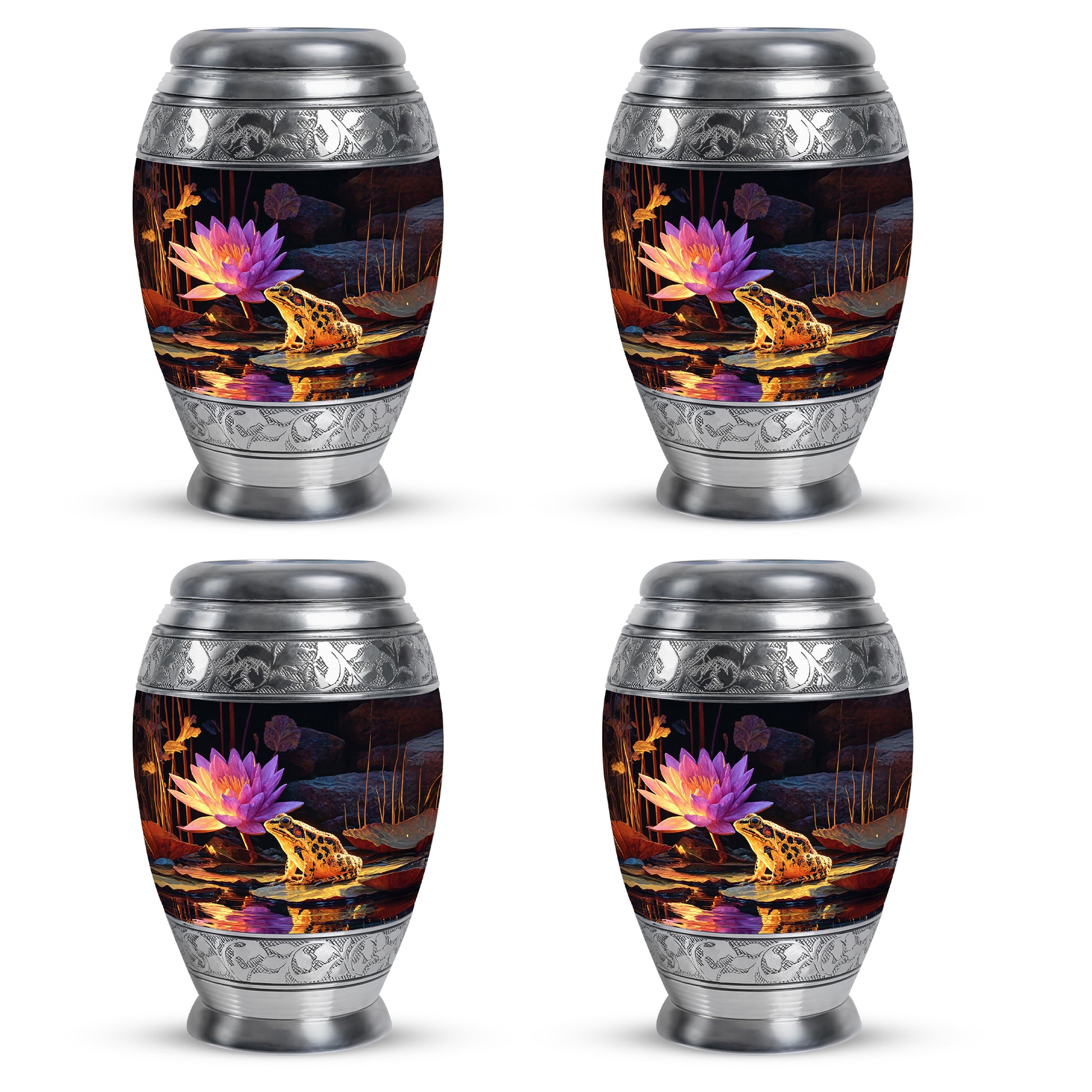 Onyx Black Frog Cremation Urn urn with complimentary velvet bag - majestic frog pattern with filigree border - 10 inch aluminum urn for cremated remains