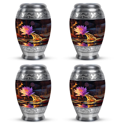 Onyx Black Frog Cremation Urn urn with complimentary velvet bag - majestic frog pattern with filigree border - 10 inch aluminum urn for cremated remains