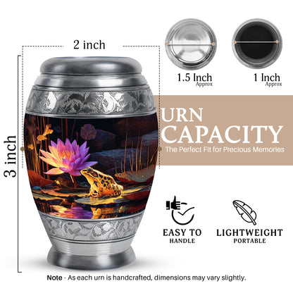 Charcoal Black Frog Cremation Urn lifestyle display on memorial shelf - majestic frog pattern with filigree border - mini keepsake memorial for portion of cremation ashes