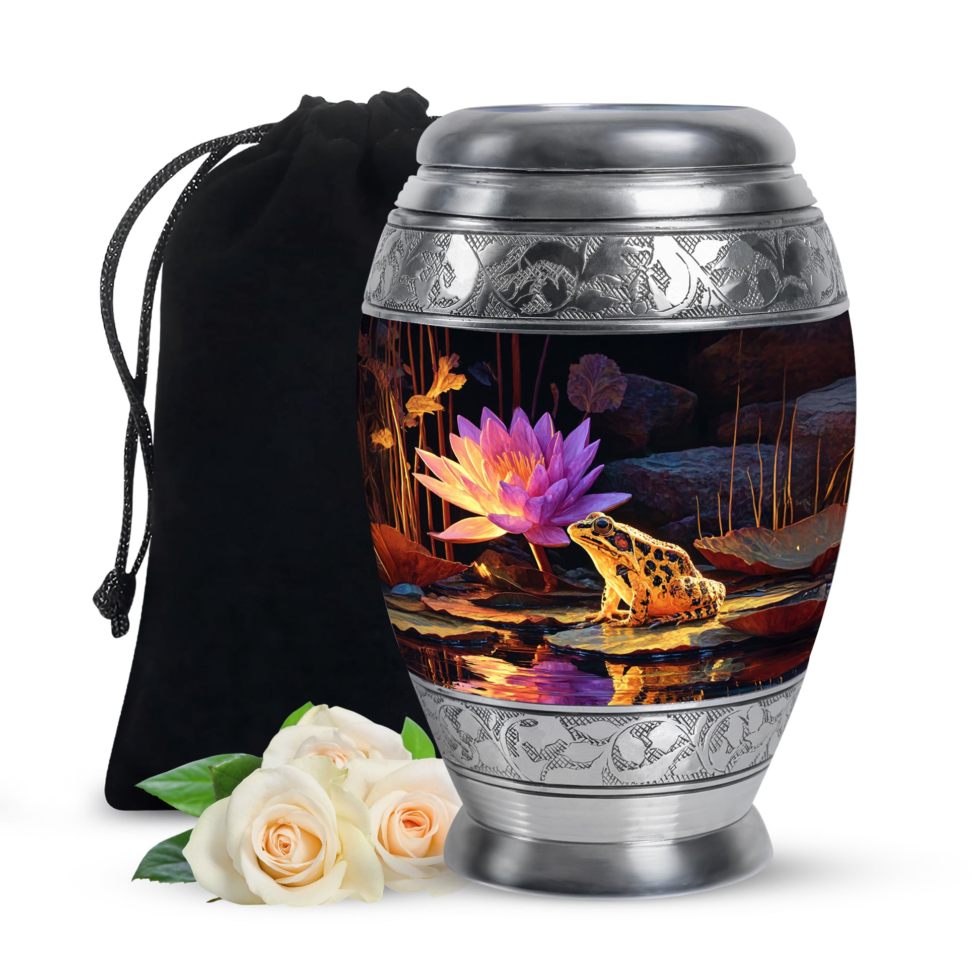 Obsidian Black Frog Cremation Urn back view with polished surface - royal frog engraving with decorative scrollwork - full-size 10 inch 200 cubic inch adult cremation urn
