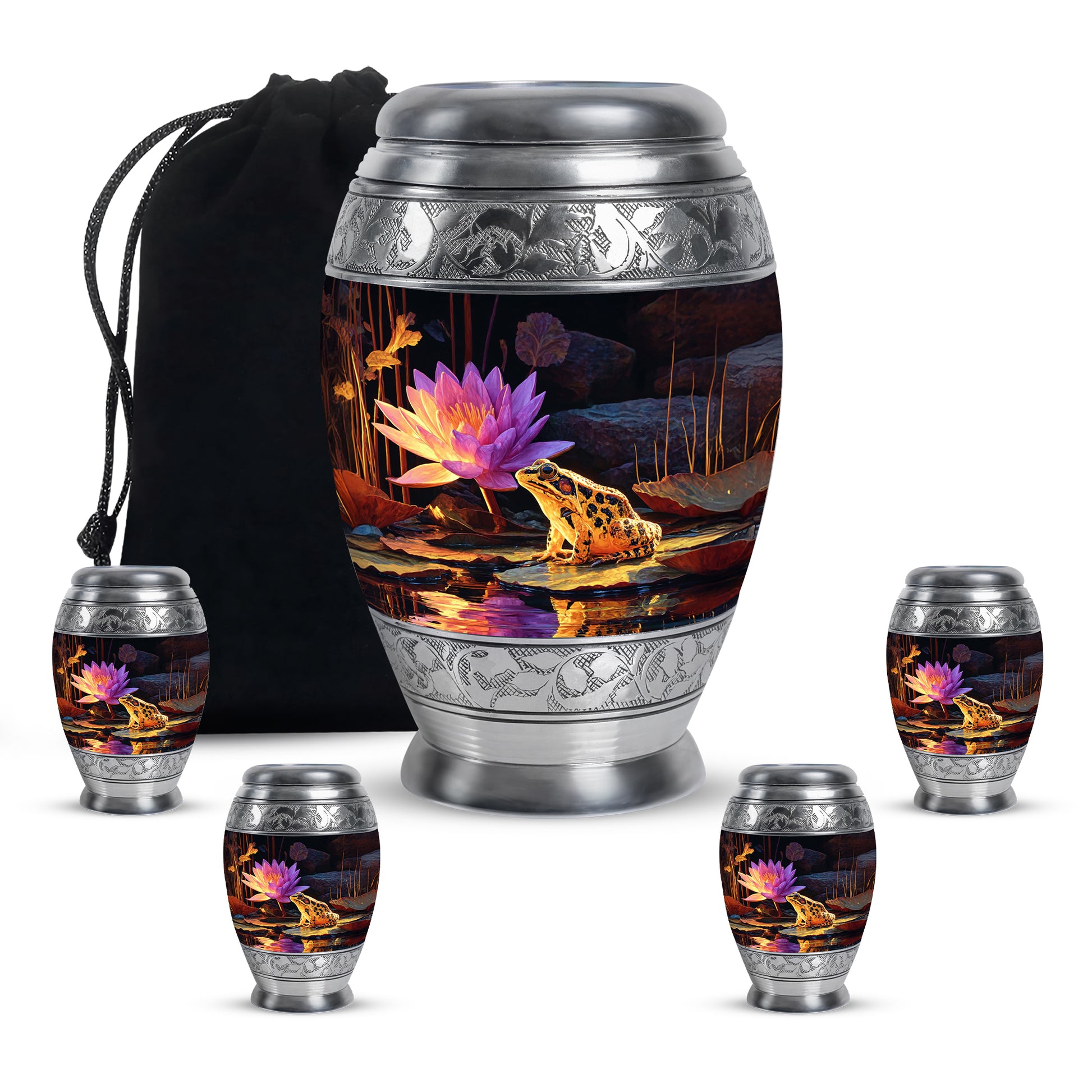 Obsidian Black Frog Cremation Urn detail view - majestic frog pattern with filigree border - memorial set with one large and four small urns