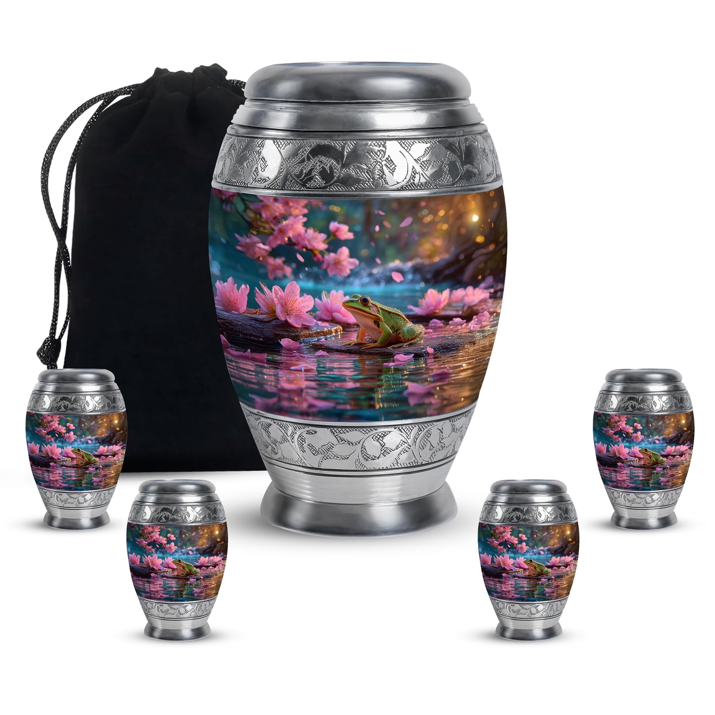 Wine Red Frog Cremation Urn detail view - ornate monarch-style frog relief on brushed aluminum - memorial set with one large and four small urns