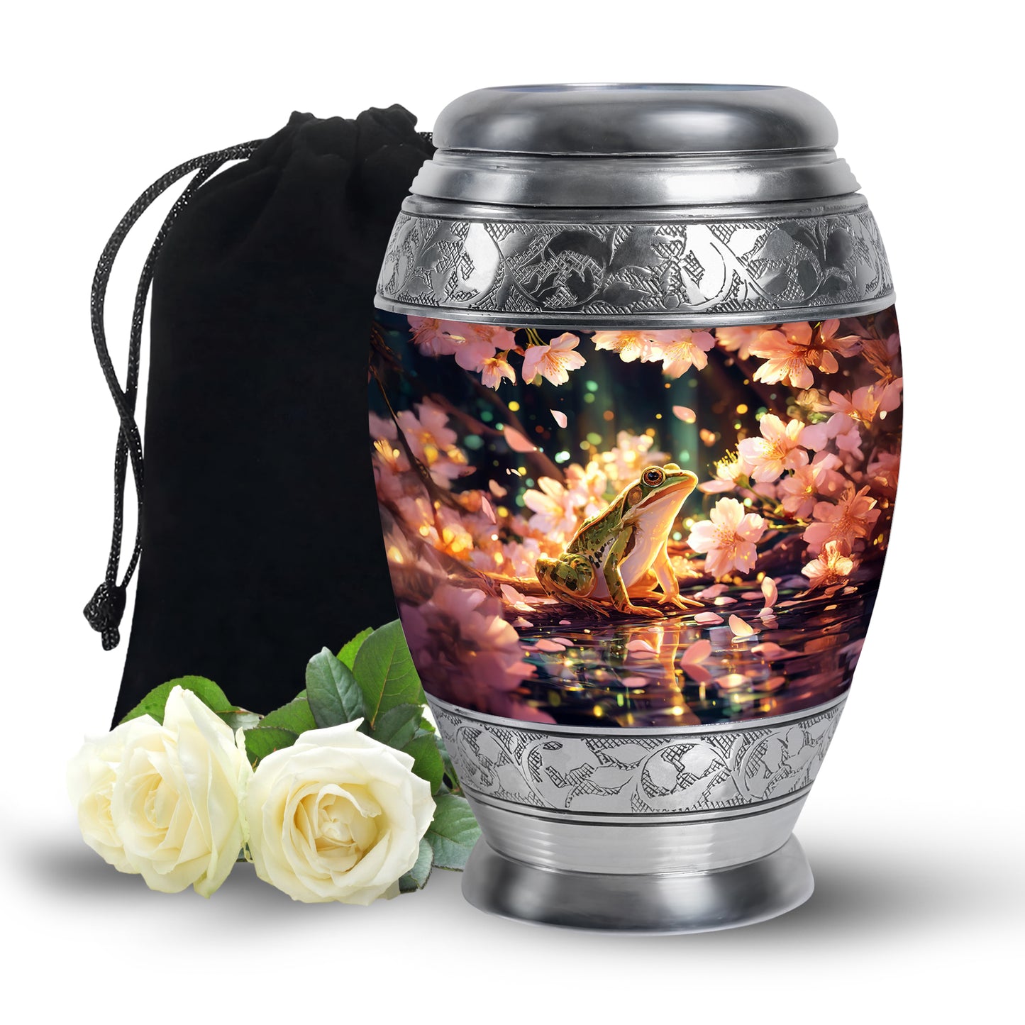 Harvest Gold Frog Cremation Urn back view with polished surface - royal frog engraving with decorative scrollwork - full-size 10 inch 200 cubic inch adult cremation urn