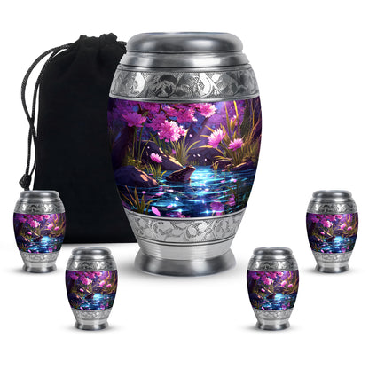 Peony Pink Frog Cremation Urn detail view - regal frog design with crown-inspired accents - memorial set with one large and four small urns
