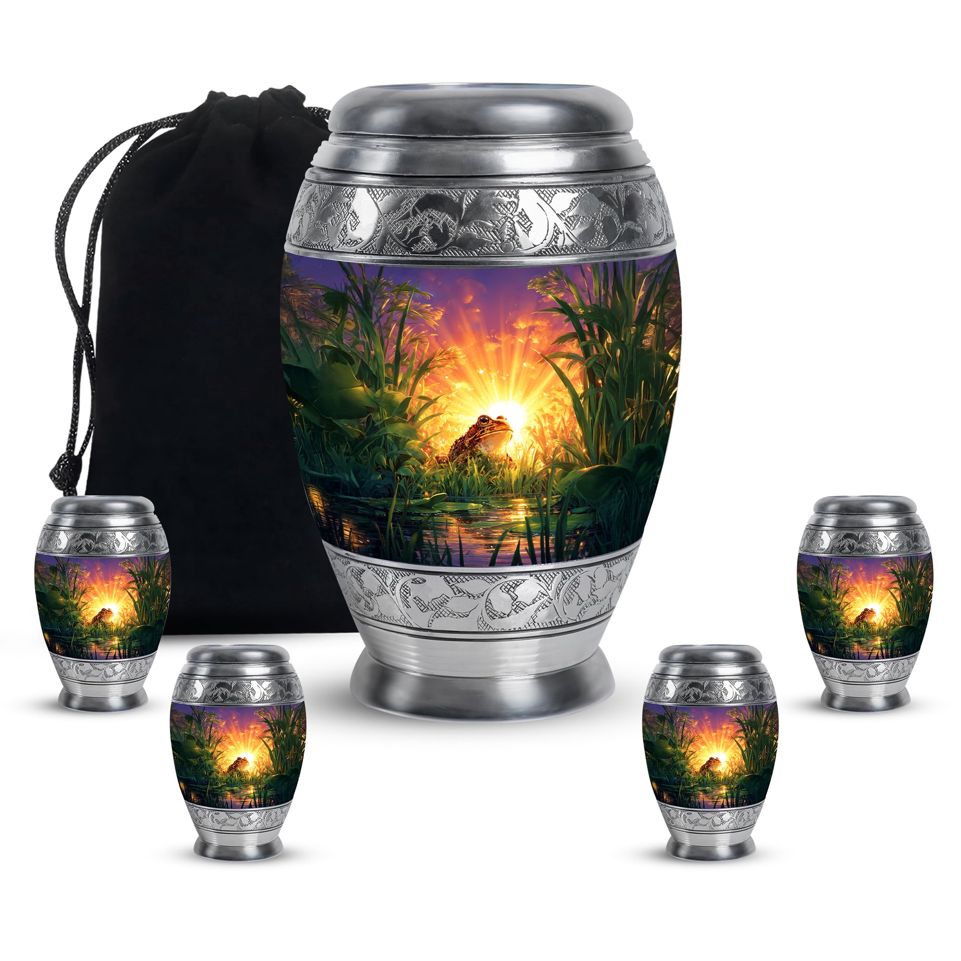 Royal Purple Frog Cremation Urn detail view - royal frog engraving with decorative scrollwork - memorial set with one large and four small urns