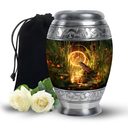 Burnished Gold Frog Cremation Urn back view with polished surface - royal frog engraving with decorative scrollwork - full-size 10 inch 200 cubic inch adult cremation urn