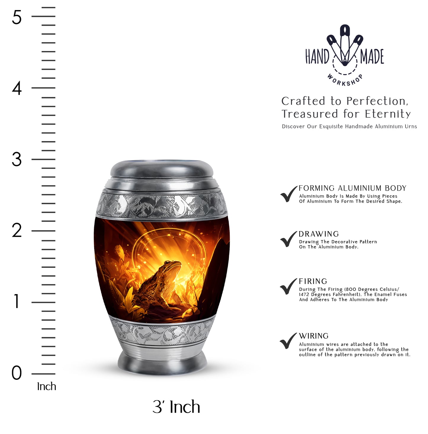 Amber Gold Frog Cremation Urn lifestyle display on memorial shelf - ornate monarch-style frog relief on brushed aluminum - mini keepsake memorial for portion of cremation ashes