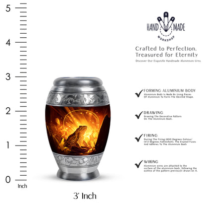 Amber Gold Frog Cremation Urn lifestyle display on memorial shelf - ornate monarch-style frog relief on brushed aluminum - mini keepsake memorial for portion of cremation ashes