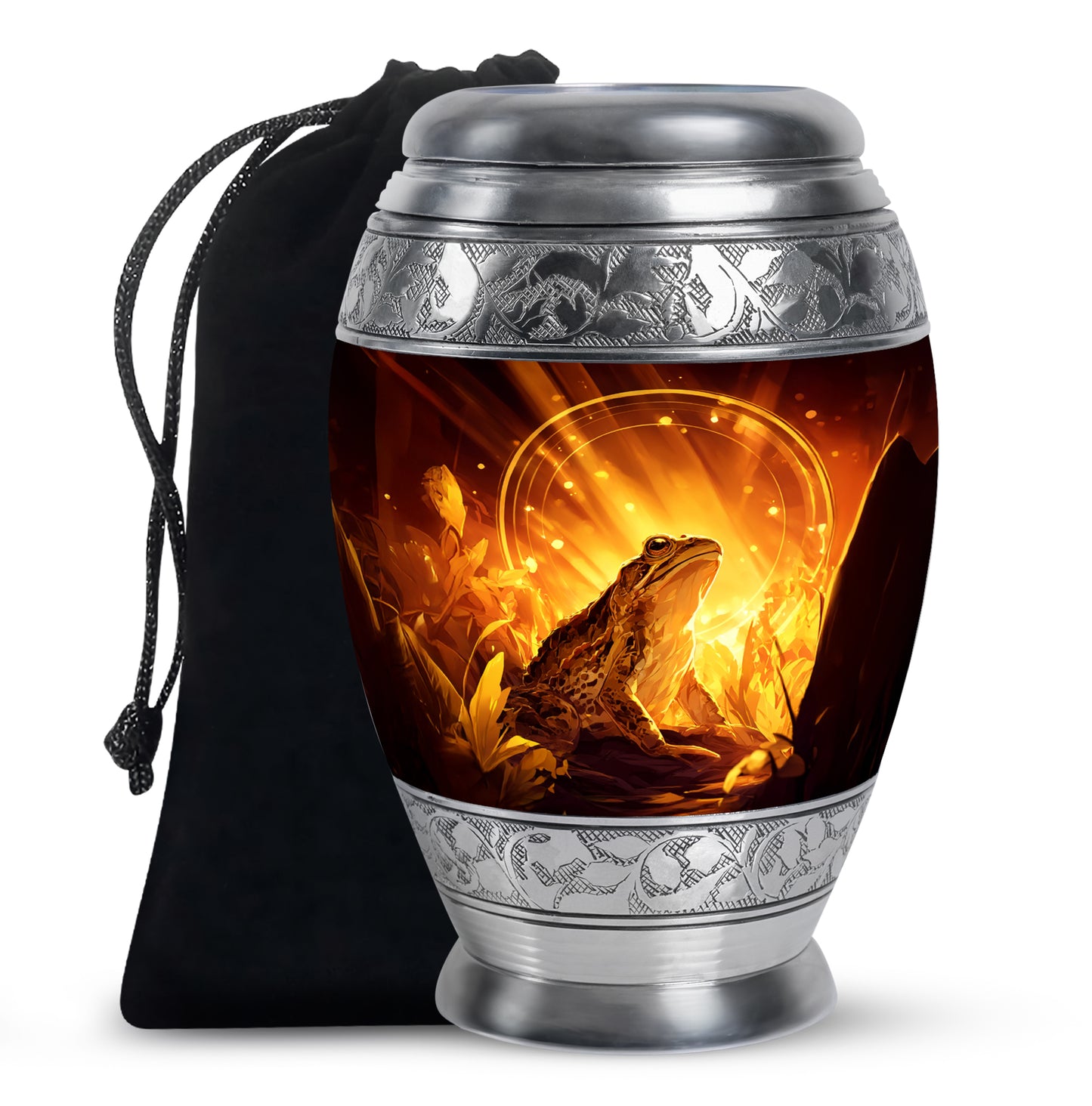 Harvest Gold Frog Cremation Urn back view with polished surface - majestic frog pattern with filigree border - full-size 10 inch 200 cubic inch adult cremation urn