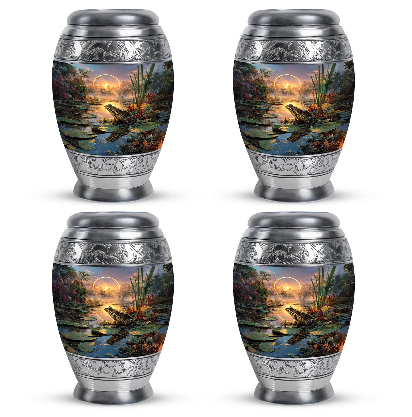 Smoke Gray Frog Cremation Urn urn with complimentary velvet bag - royal frog engraving with decorative scrollwork - 10 inch aluminum urn for cremated remains
