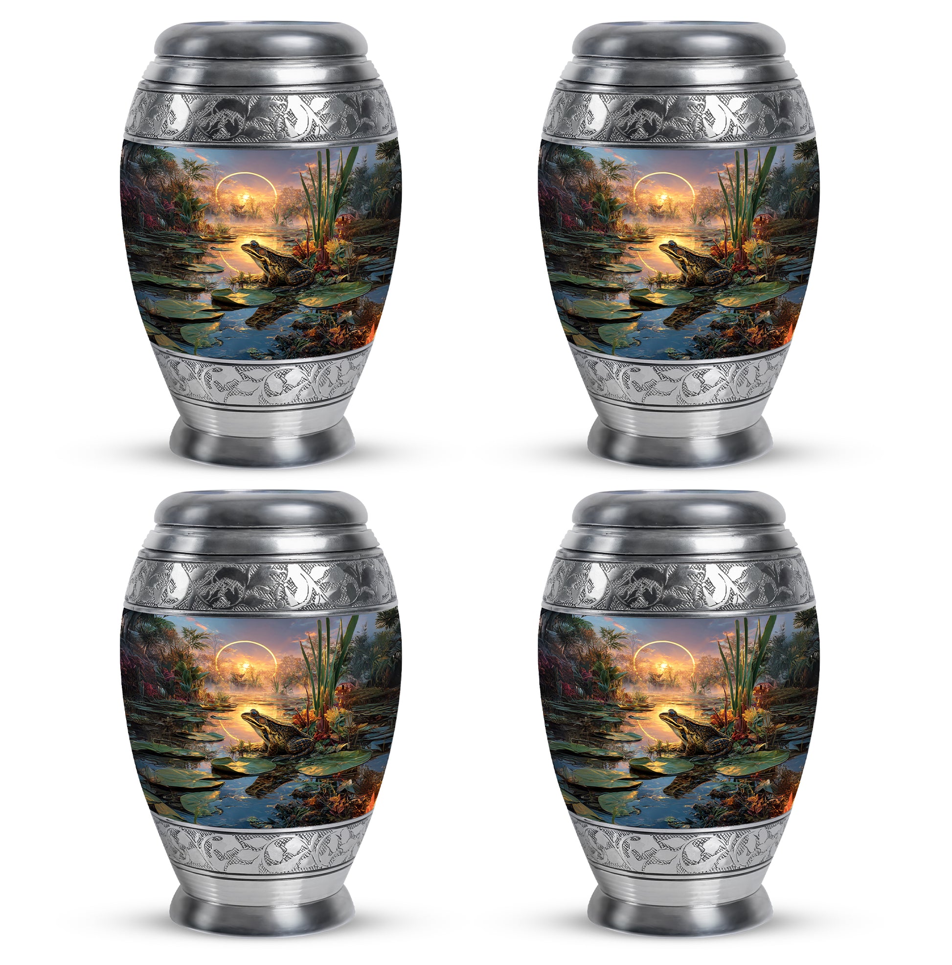 Smoke Gray Frog Cremation Urn urn with complimentary velvet bag - royal frog engraving with decorative scrollwork - 10 inch aluminum urn for cremated remains