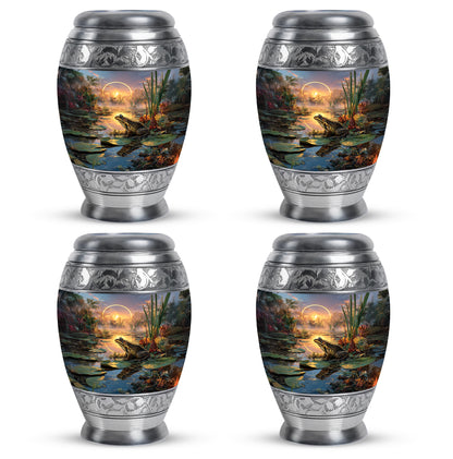 Smoke Gray Frog Cremation Urn urn with complimentary velvet bag - royal frog engraving with decorative scrollwork - 10 inch aluminum urn for cremated remains