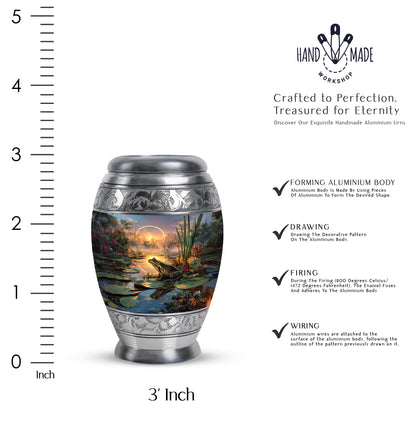 Pewter Gray Frog Cremation Urn lifestyle display on memorial shelf - ornate monarch-style frog relief on brushed aluminum - mini keepsake memorial for portion of cremation ashes