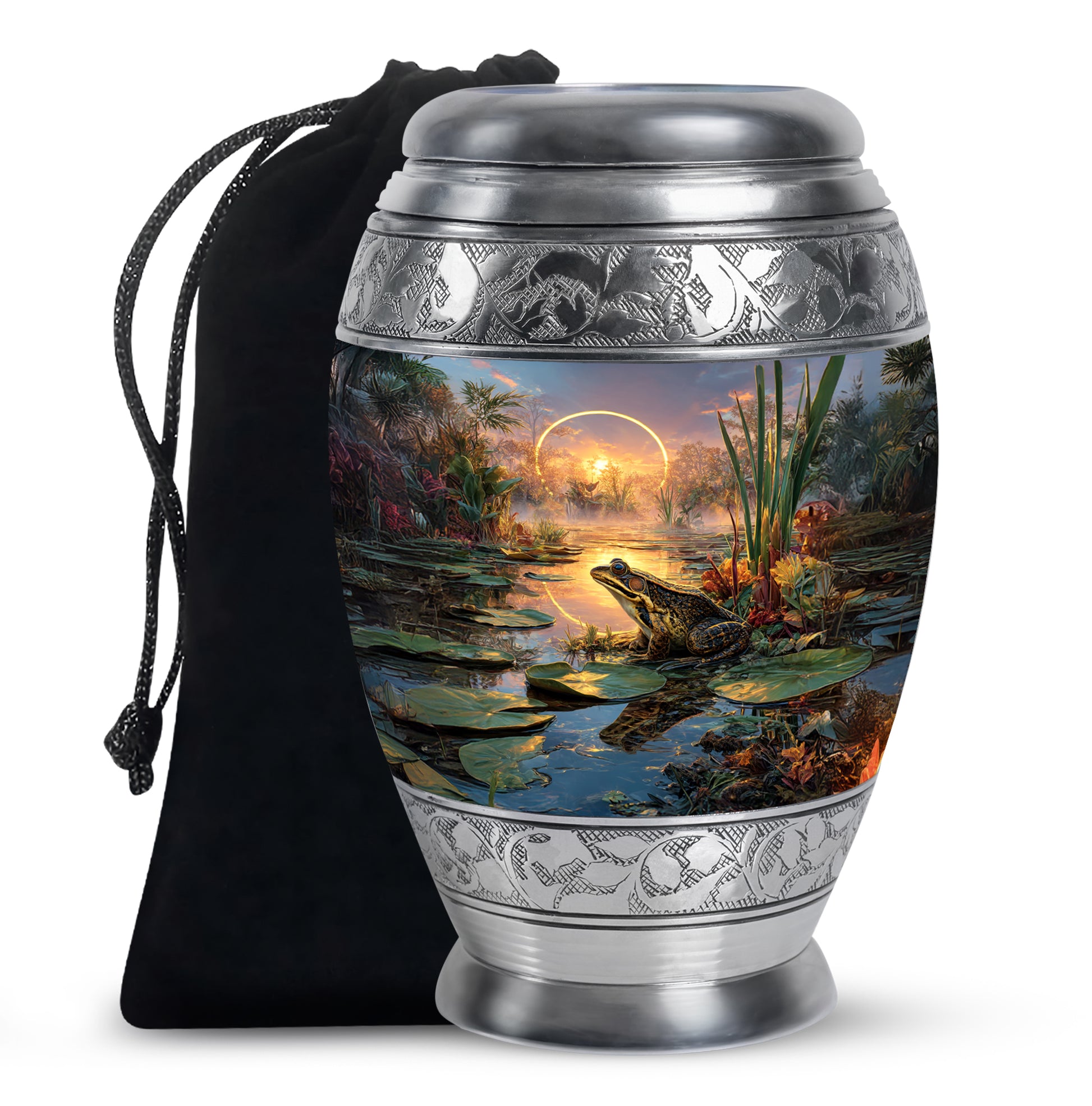 Mist Gray Frog Cremation Urn back view with polished surface - regal frog design with crown-inspired accents - full-size 10 inch 200 cubic inch adult cremation urn