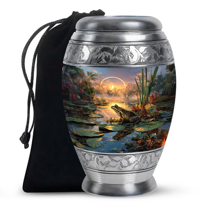 Mist Gray Frog Cremation Urn back view with polished surface - regal frog design with crown-inspired accents - full-size 10 inch 200 cubic inch adult cremation urn