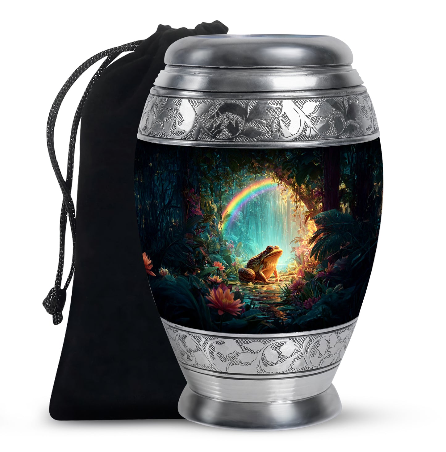 Jet Black Frog Cremation Urn back view with polished surface - regal frog design with crown-inspired accents - full-size 10 inch 200 cubic inch adult cremation urn